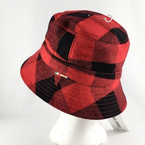 HB STRIPES Women's Bucket Hat Racing Red Black Plaid Wool Blend Fleece Lined O/S - Picture 4 of 12
